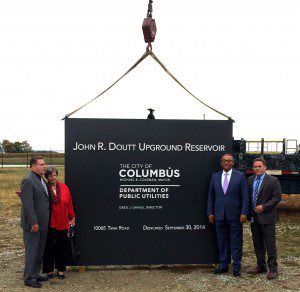 Columbus Mayor unveils DaNite Sign Company's latest monument sign at the John R. Doutt Upground Reservoir in Richwood, OH, saying, "No drought with Doutt"!